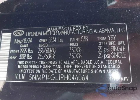 2024 Hyundai Santa Fe Se из США, поврежденный, VIN 5NMP14GL1RH046064